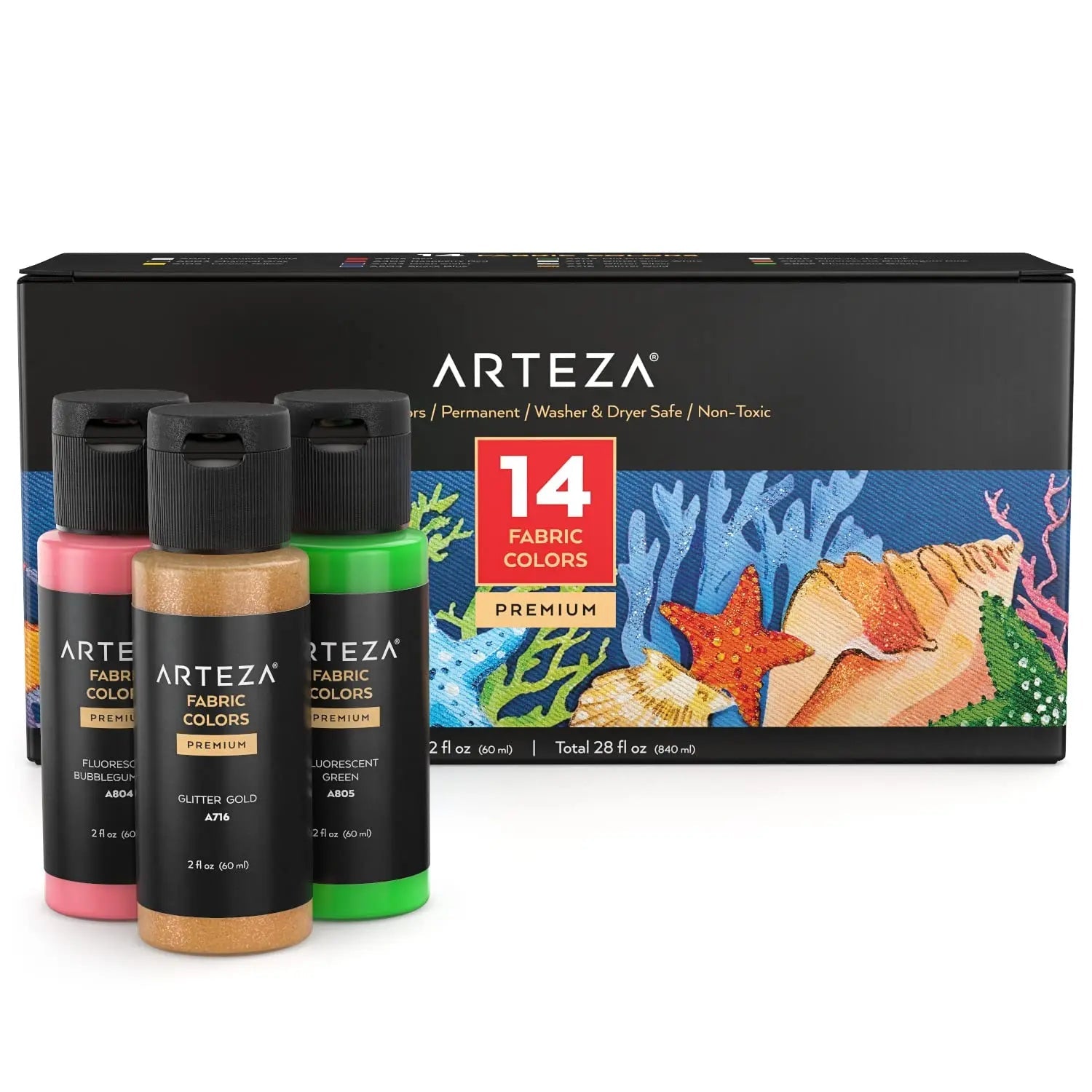ARTEZA Premium Fabric Paint Set of 14 - 60ml (Vibrant Colors)